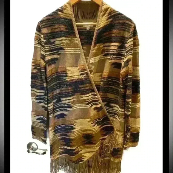Lucky Brand  Southwestern Tan Blue Aztec Fringe Cardigan Open Front  Size Medium - Picture 1 of 6